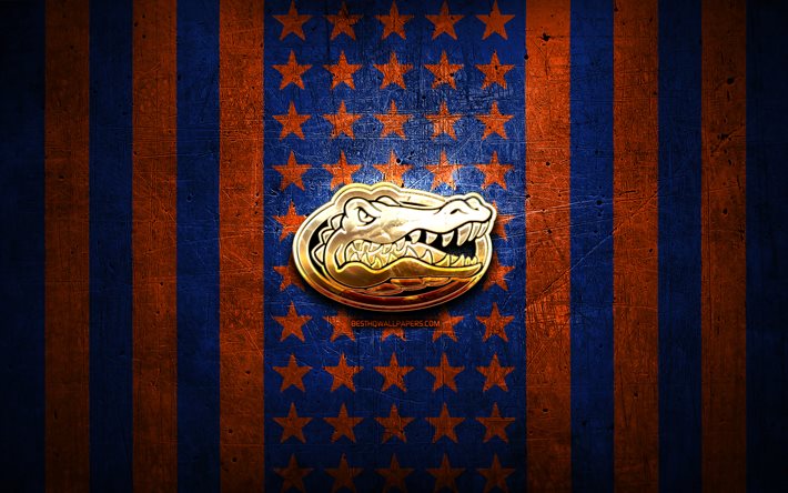 Indicateur de Gators de la Floride, NCAA, fond orange bleu en m&#233;tal, &#233;quipe am&#233;ricaine de football, logo de Gators de la Floride, Etats-Unis, football am&#233;ricain, logo d’or, Gators de la Floride