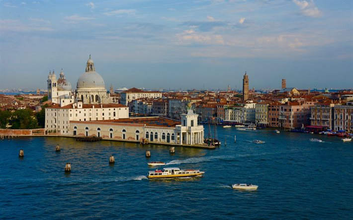 Venecia, las costumbres, la Punta della Dogana, Gran Canal, tarde, puesta de sol, paisaje de la ciudad de Venecia, Italia