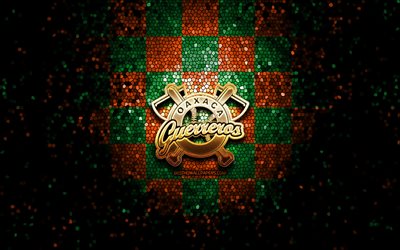 Leones de Yucatan, glitter logo, LMB, orange green checkered background, mexican baseball team, Leones de Yucatan logo, Mexican Baseball League, mosaic art, baseball, Mexico