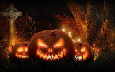 halloween, pumpkin, pumpkin 3d, cemetery, crosses