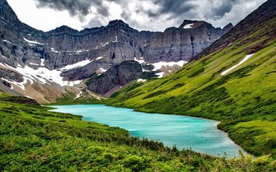 rocks, mountains, mountain lake, glacier, forest, USA, Montana, Glacier National Park
