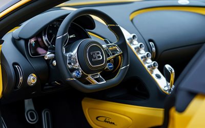 Bugatti Chiron, 4k, 2018, interior, Chiron steering wheel, hypercar, racing cars, Bugatti