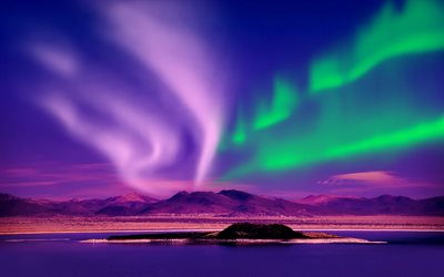 Aurora Borealis, sahil, dağlar, Kuzey Amerika, Kanada