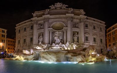 Rome, Trevi Fountain, night, Rome landmarks, Italy, hdr