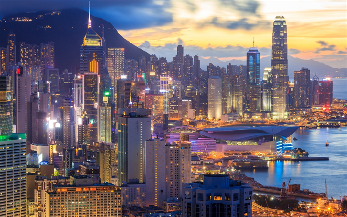 Hong Kong, city lights, sunset, skyscrapers, International Commercial Center, China