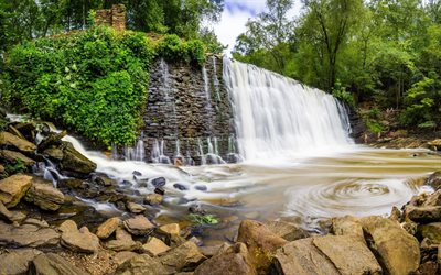 waterfall, forest, rock, river, beautiful waterfalls