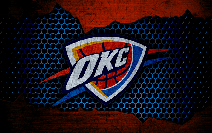 oklahoma city thunder, 4k, logo, nba, basketball, western conference, usa, grunge metall textur, northwest division