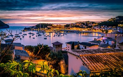 Port De Soller, Mallorca, Deniz, tekneler, G&#252;n batımı, akşam, İspanya
