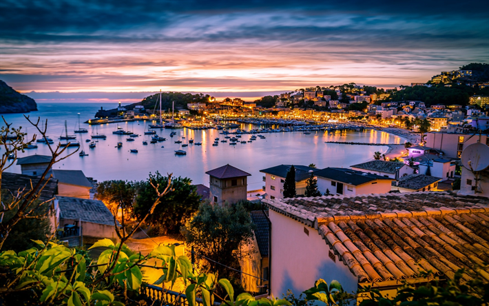 Port De S&#243;ller, Maiorca, Mar Mediterraneo, yacht, tramonto, sera, Spagna