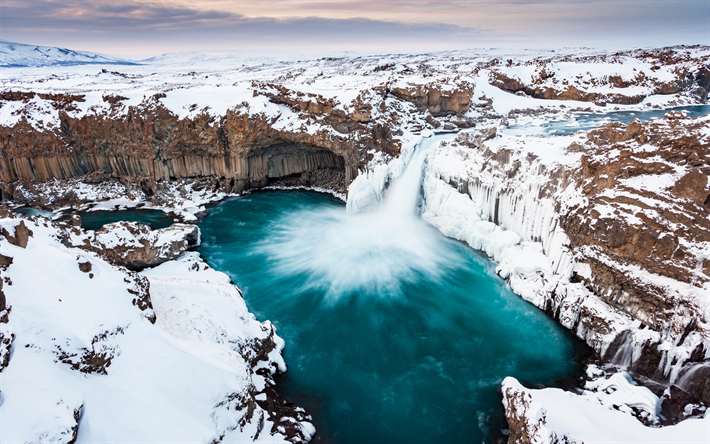 rocks, waterfall, glacial lake, snow, winter, Iceland