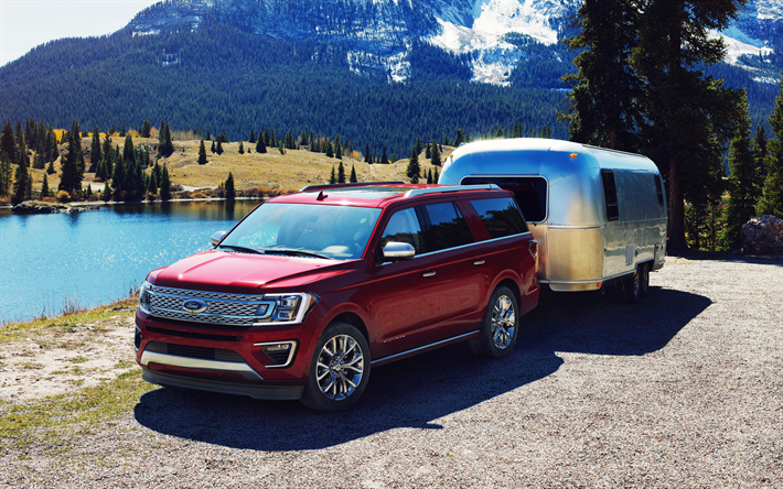 Ford Expedition, 2018, 4k, new red Expedition, SUV, American cars, USA, trailer, Ford