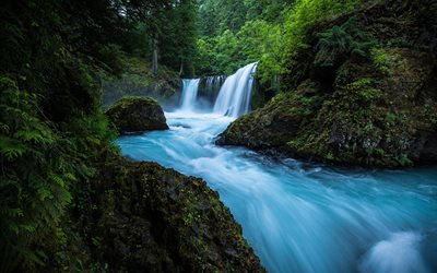 waterfall, forest, 4k, USA, forest waterfall, rock, Columbia River, Washington, Spirit Falls, Little White Salmon River