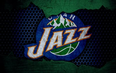Utah Jazz, 4k, logo, NBA, basketball, Western Conference, USA, grunge, metal texture, Northwest Division