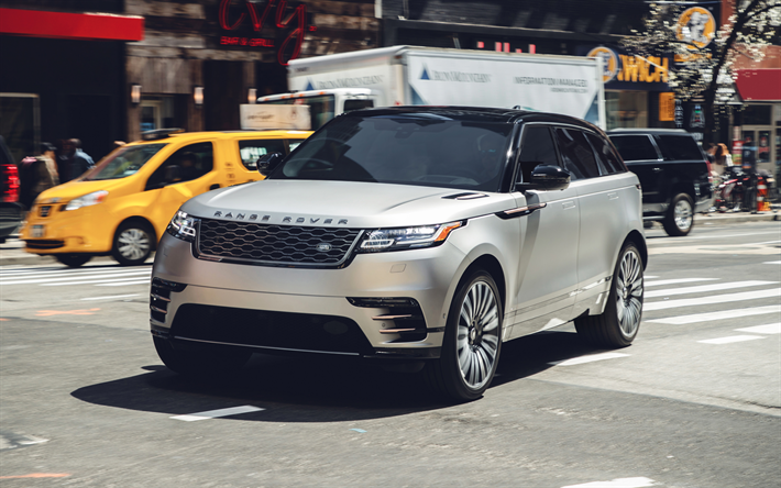Range Rover Velar, 2017, 4k, yeni SUV, G&#252;m&#252;ş Velar, New York, sokakları, ABD, İngiliz otomobilleri, Land Rover