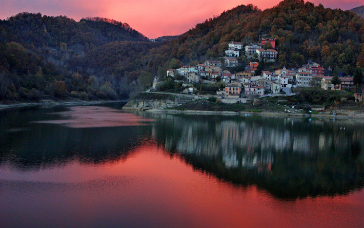 Italien, sj&#246;n, sunset, berg, byn, Europa