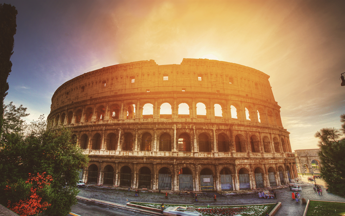 Colosseum, sunset, 4k, teatteri, italian maamerkkej&#228;, gladiaattori areenalla, Rooma, Italia