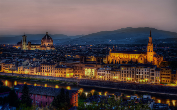 Florence, Santa Maria del Fiore, Cathedral, church, evening, sunset, city lights, Italy