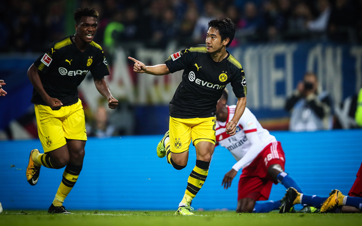 Shinji Kagawa, O Borussia Dortmund, 4k, futebol, jogadores de futebol, BVB, meta, Bundesliga