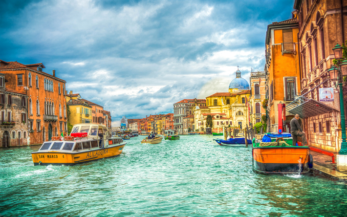 Italien, Venedig, 4k, gondolerna, kanalen, sommar, Europa, italienska landmaks, HDR