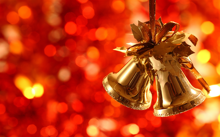 Decoraci&#243;n de la navidad, campana de oro, Feliz a&#241;o Nuevo, el brillo, la decoraci&#243;n de navidad, Navidad