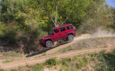Mercedes-Benz G-Class, 2018, G500, V8 Biturbo, red SUV, side view, off-road, german cars, Mercedes
