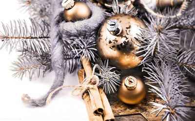 Golden Christmas balls, cinnamon, New Year, silver tree, decoration, Christmas
