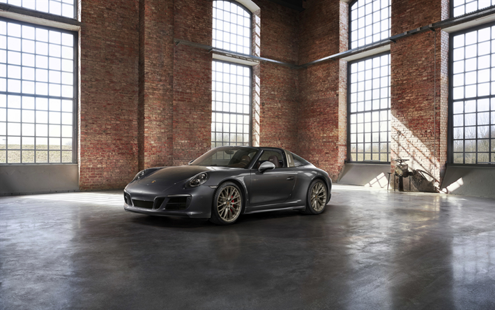 Porsche 911 Targa 4 GTS, 2019, Esclusivo Manufaktur Edizione, grigio coup&#233; sportiva, oro wheels, tuning 911, tedesco di auto sportive, Porsche