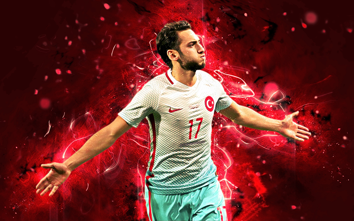 Hakan Calhanoglu, m&#229;l, Turkiet Landslaget, bl&#229; uniform, Calhanoglu, fotboll, fotbollsspelare, abstrakt konst, neon lights, Turkisk fotboll