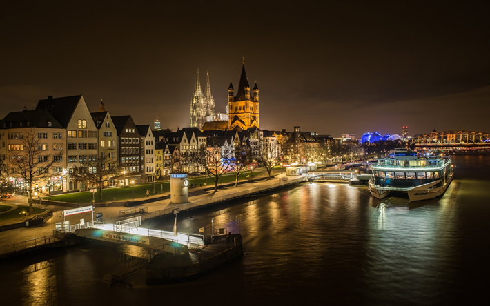 Cologne Cathedral, Cathedral Church of Saint Peter, Cologne, night, Rhine River, Germany