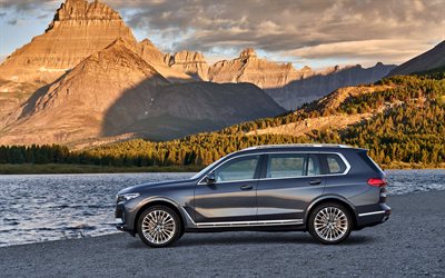 BMW X7, 2019, side view, exterior, new gray X7, luxury SUV, BMW
