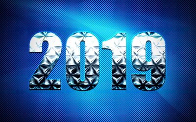 2019 year, silver creative digits, blue background, 2019 concepts, New Year, creative art