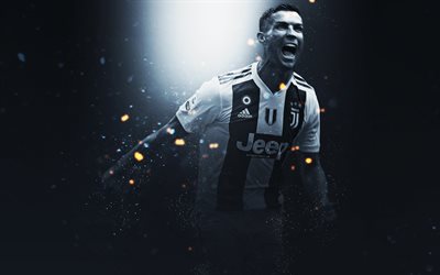Cristiano Ronaldo, 4k, creative art, Juventus FC, CR7, Portuguese footballer, striker, lighting effects, Serie A, Italy, Champions League, football players