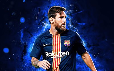 Messi, blue uniform, 2018, argentinian footballers, Barcelona FC, La Liga, Leo Messi, neon lights, soccer, LaLiga, Lionel Messi, Barca, football stars