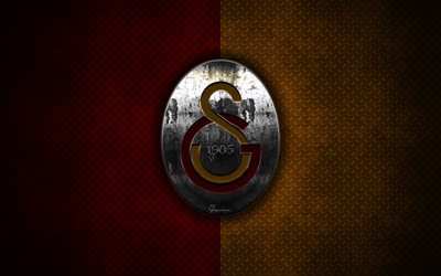 O Galatasaray SK, 4k, logotipo do metal, arte criativa, Turco futebol clube, emblema, vermelho laranja metal de fundo, Istambul, A turquia, futebol