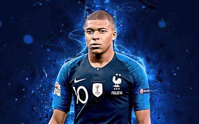Kylian Mbappe, FFF, french footballers, abstract art, France National Team, Mbappe, Dembele, soccer, football, neon lights, French football team