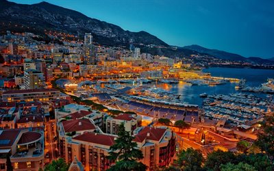 Monte Carlo, kv&#228;ll, sunset, stadens ljus, Monaco, bay, b&#229;tar