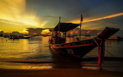Tao Island, boat, evening, sunset, coast, Gulf of Thailand, Thailand