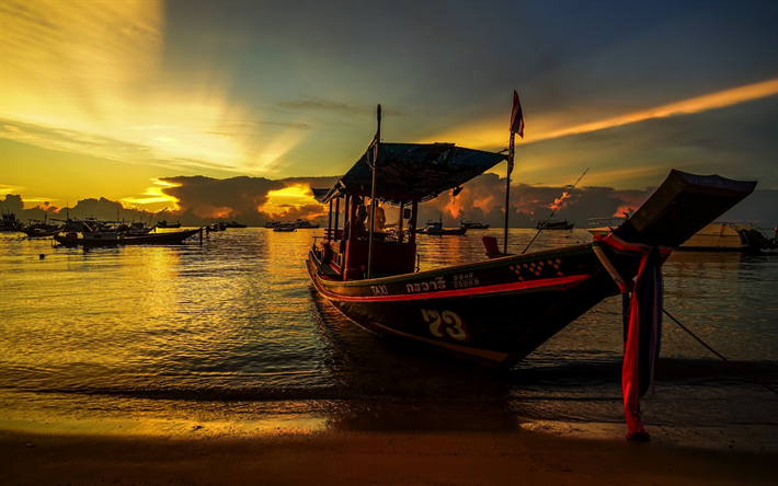 Tayland, Tayland Tao Adası, tekne, akşam, G&#252;n batımı, sahil, K&#246;rfez