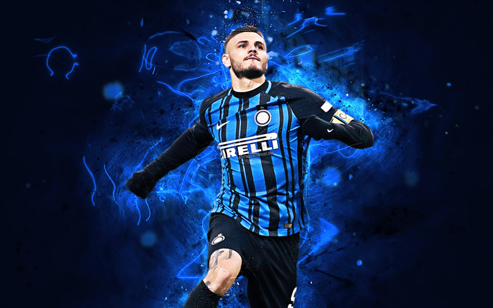 Icardi, jump, Internazionale FC, goal, argentine footballers, Serie A, Mauro Icardi, football, soccer, Italy, neon lights, Inter Milan FC