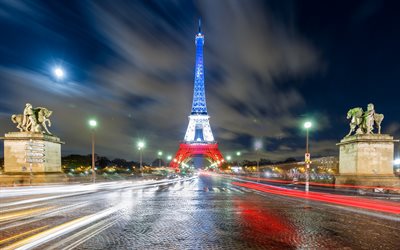 Fransa, Paris, gece, ışıklar, Eyfel Kulesi, Fransız bayrağı, Avrupa