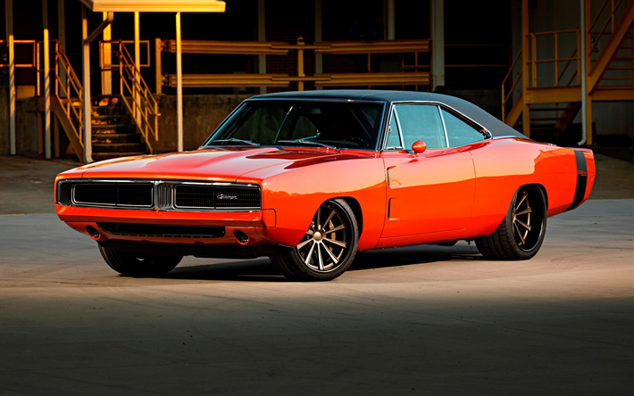 Dodge Charger, tuning, muscle cars, 1969 cars, retro cars, orange Charger, american cars, Dodge