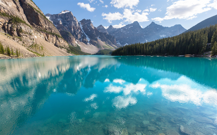 Moraine Lake, coast, Banff, mountains, North America, forest, Banff National Park, Canada, Alberta