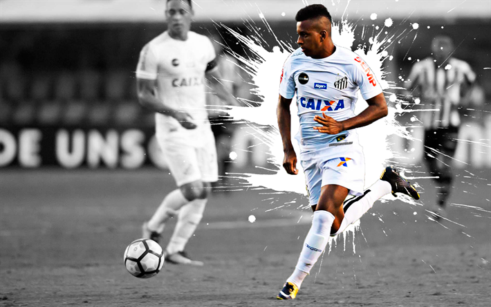 Rodrygo, 4k, art, Santos FC, forward, Brazilian football player, white splashes of paint, grunge art, Serie A, Brazil football, Rodrygo Silva de Goes