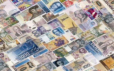 sfondo con diversi soldi, diverse valute di tutto il mondo, world money concetti, texture con il denaro, la finanza, concetti, affari