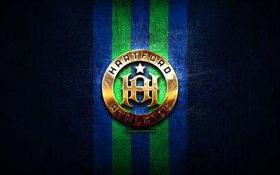 Hartford Athletic FC, golden logo, USL, blue metal background, american soccer club, United Soccer League, Hartford Athletic logo, soccer, USA