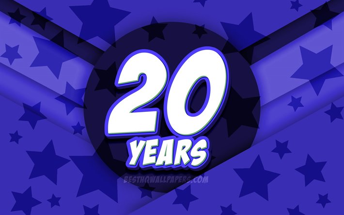 4k, 嬉しい20年の誕生日, コミック3D文字, 誕生パーティー, 青い星の背景, 幸せの20歳の誕生日を, 20歳の誕生日パ, 作品, 誕生日プ, 20歳の誕生日を