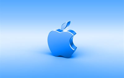 Apple mavi 3D logo, minimal, mavi arka plan, Apple logosu, yaratıcı, Apple metal logo, Apple 3D logo, resimler, Apple