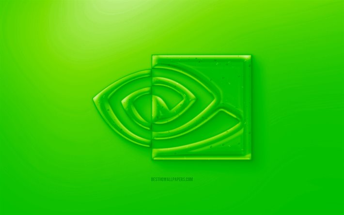 Nvidia 3D logo, Green background, Green Nvidia jelly logo, Nvidia emblem, creative 3D art, Nvidia, GeForce