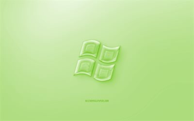 Windows 3D logo, Işık Yeşil arka plan, a&#231;ık Yeşil j&#246;le Windows logosu, Windows amblemi, yaratıcı 3D sanat, Windows