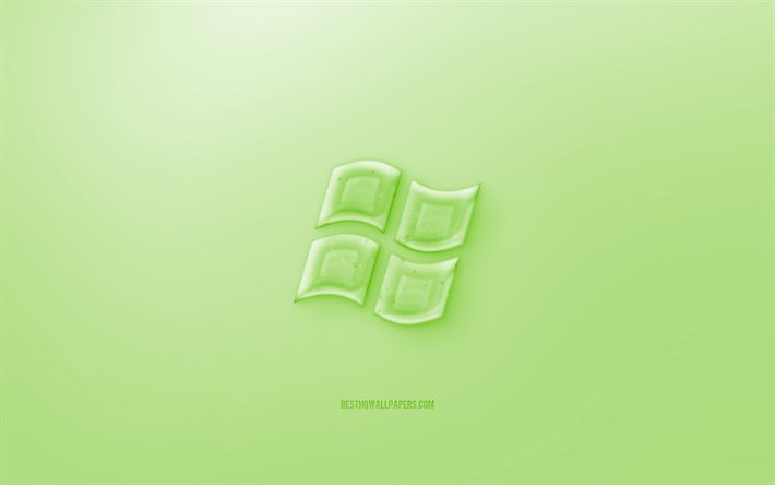 Windows 3D logo, Kevyt Vihre&#228; tausta, Vaaleanvihre&#228; Windows jelly logo, Windows-tunnus, luova 3D art, Windows